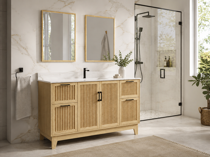 60″ Single Sink Bathroom Vanity (Fluted Oak Plywood) with Four Drawers / Free Standing Bathroom Cabinet
