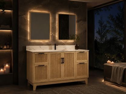 60″ Single Sink Bathroom Vanity (Fluted Oak Plywood) with Four Drawers / Free Standing Bathroom Cabinet