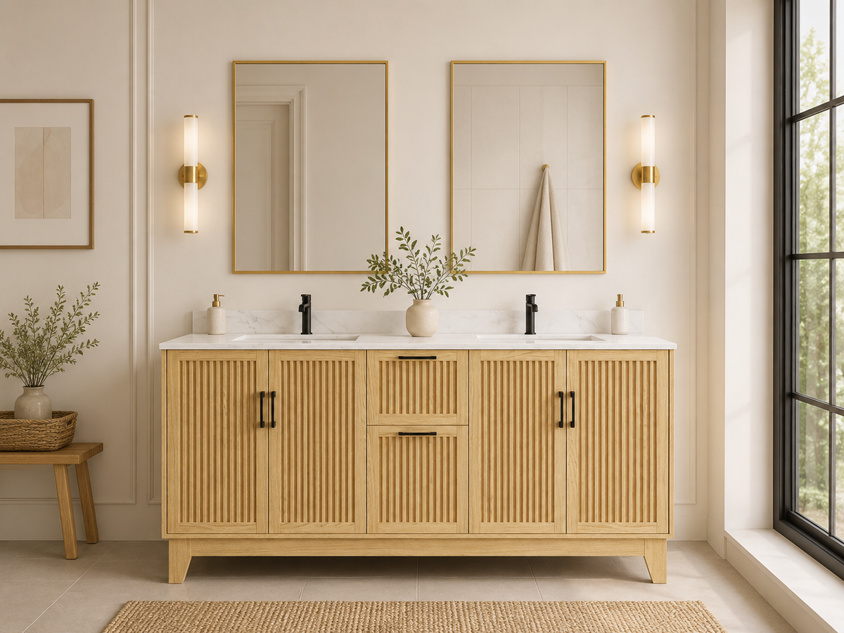 72″ Double Sink Bathroom Vanity (Fluted Oak Plywood) with Two Drawers / Free Standing Bathroom Cabinet