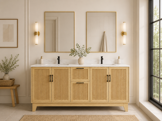 72″ Double Sink Bathroom Vanity (Fluted Oak Plywood) with Two Drawers / Free Standing Bathroom Cabinet