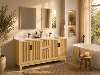 72″ Double Sink Bathroom Vanity (Fluted Oak Plywood) with Two Drawers / Free Standing Bathroom Cabinet