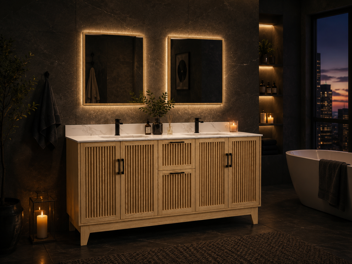 72″ Double Sink Bathroom Vanity (Fluted Oak Plywood) with Two Drawers / Free Standing Bathroom Cabinet