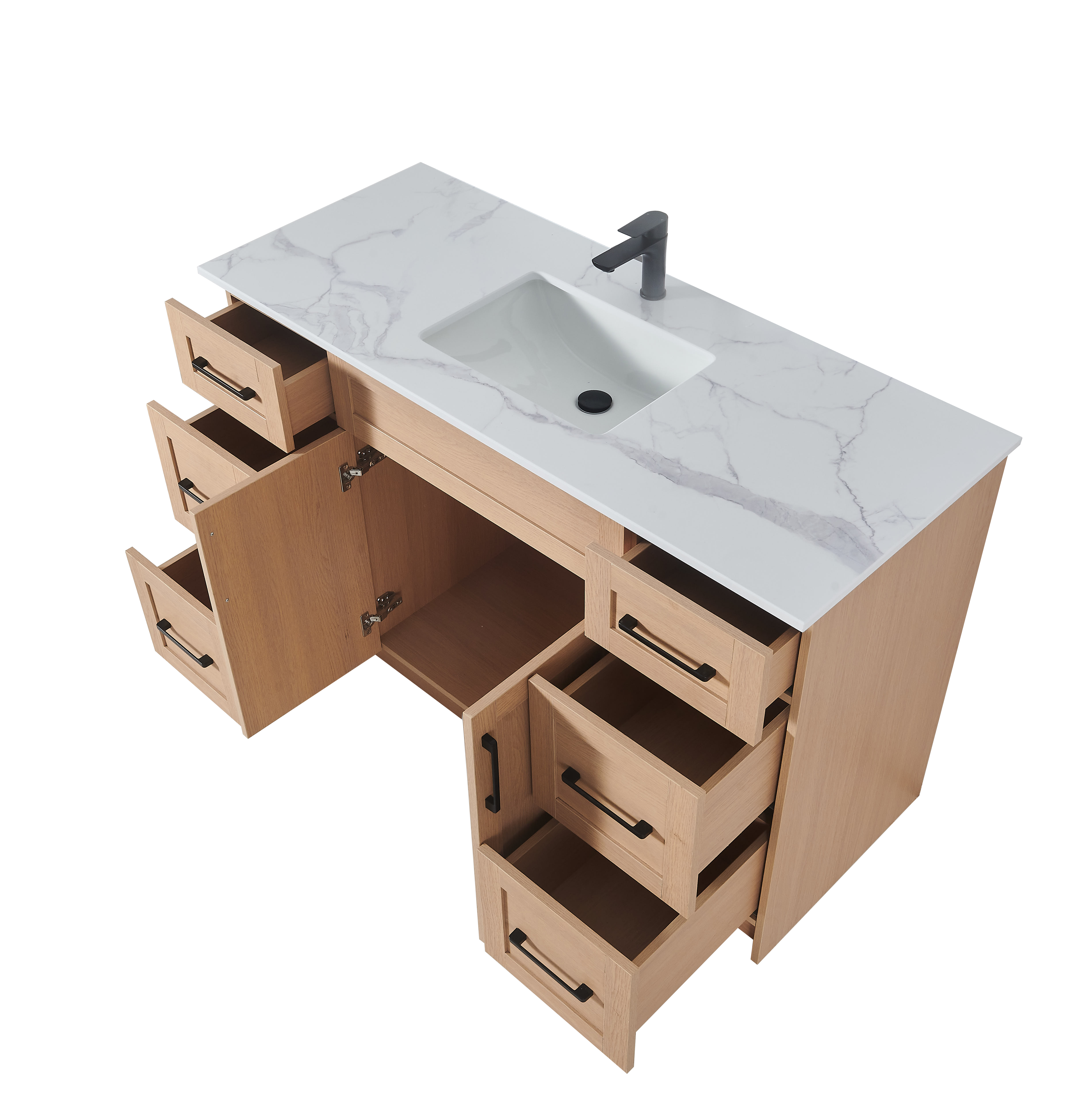 48″ Bathroom Vanity Oak Light (MDF) with Six Drawers on Each Side. Free Standing