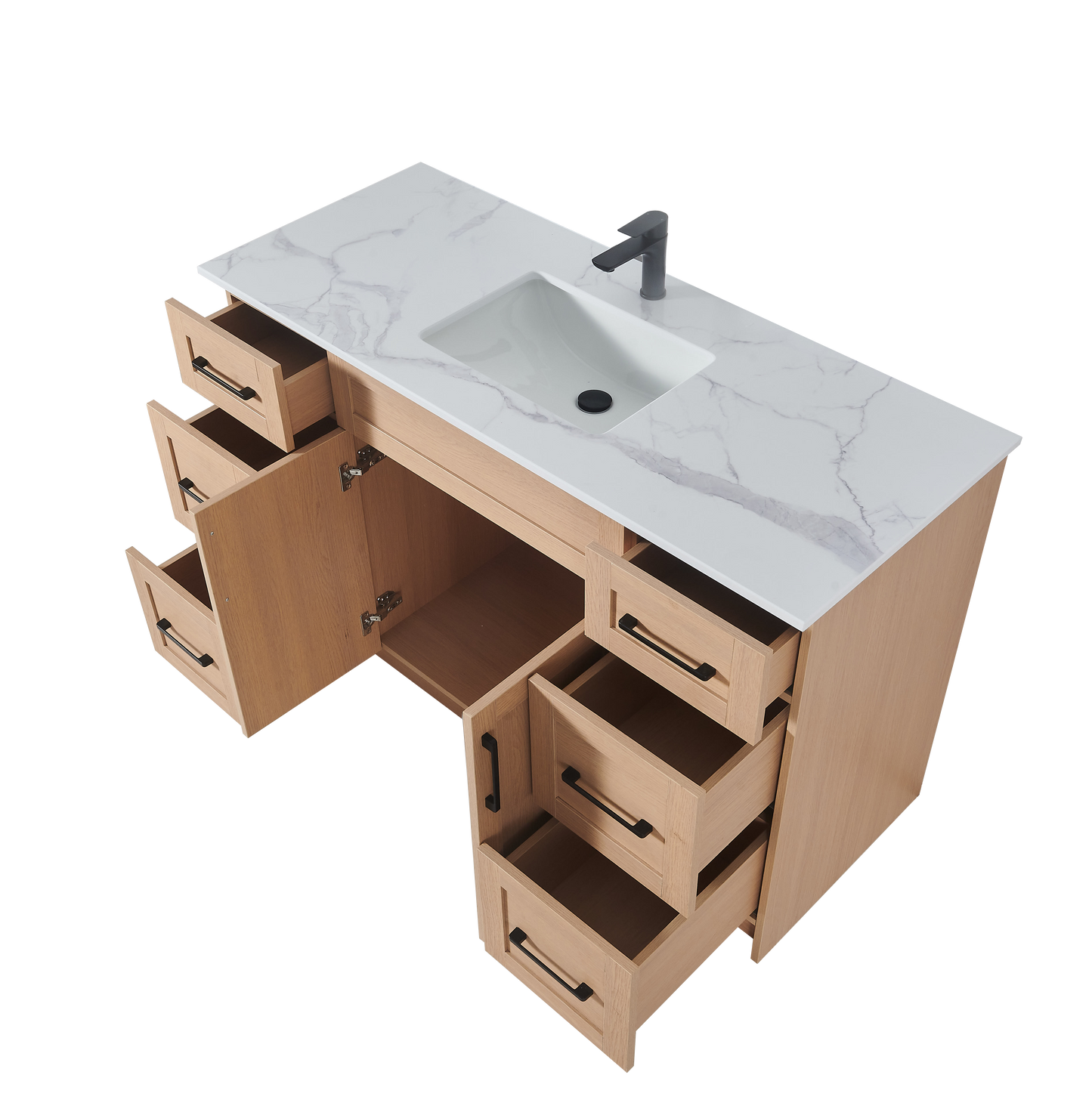 48″ Bathroom Vanity Oak Light (MDF) with Six Drawers on Each Side. Free Standing