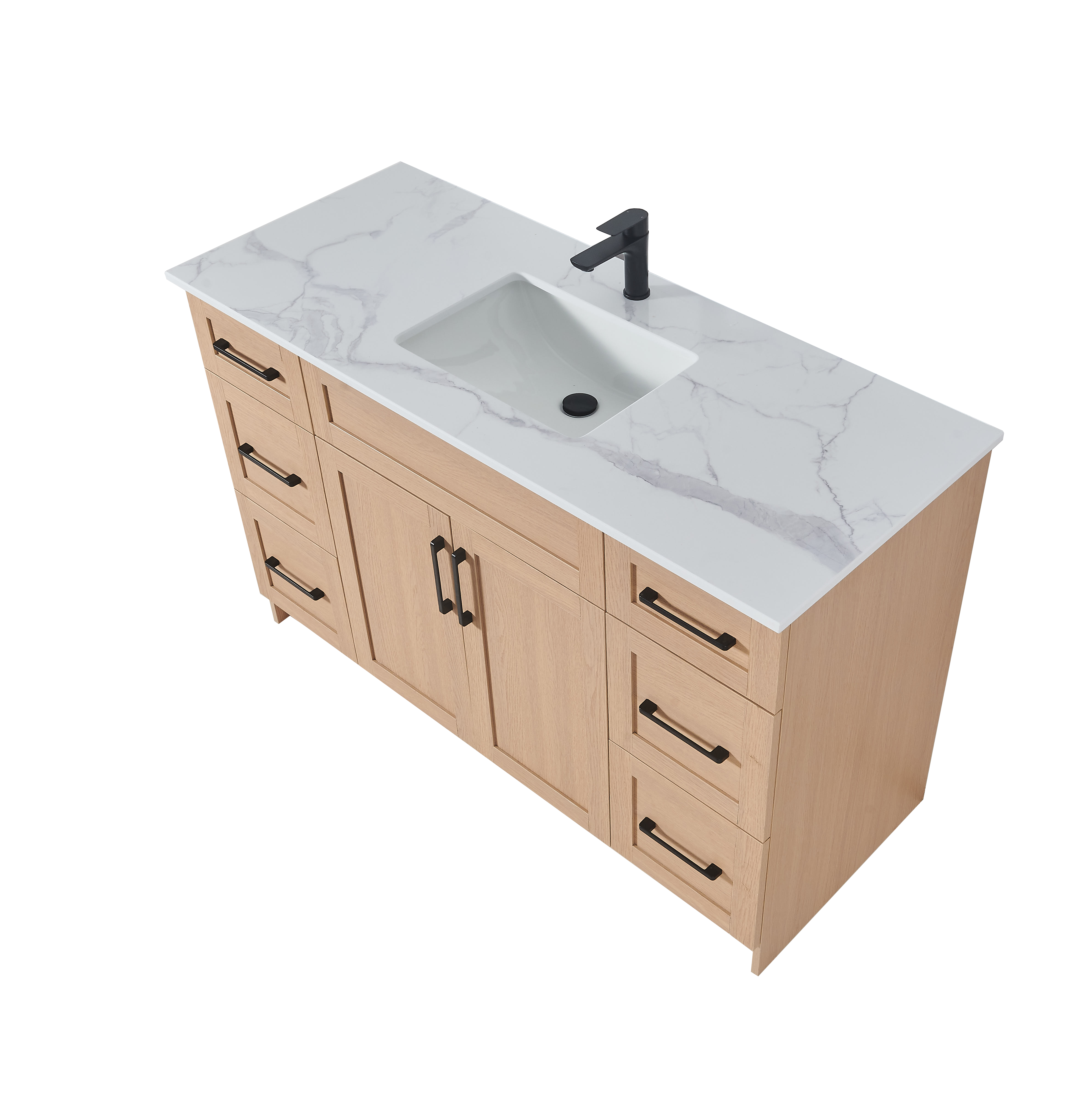 48″ Bathroom Vanity Oak Light (MDF) with Six Drawers on Each Side. Free Standing