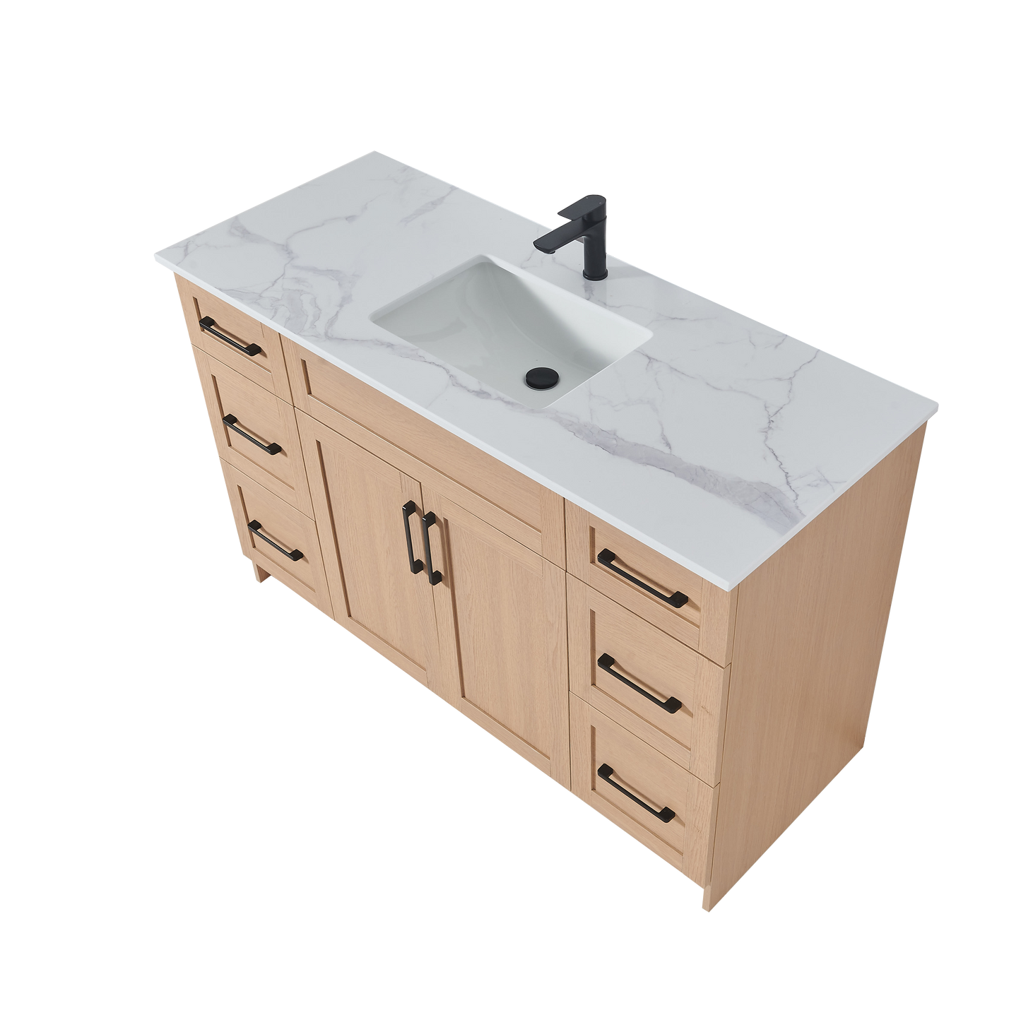 48″ Bathroom Vanity Oak Light (MDF) with Six Drawers on Each Side. Free Standing