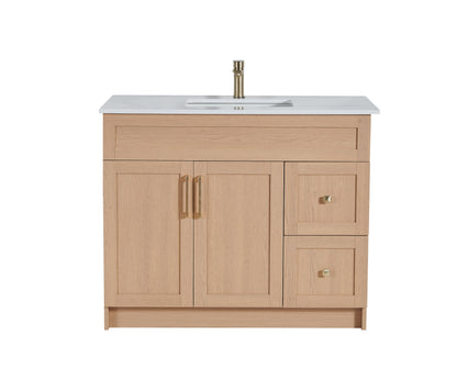 36″ Bathroom Vanity Oak Light (MDF) with Two Side Drawers. Free Standing