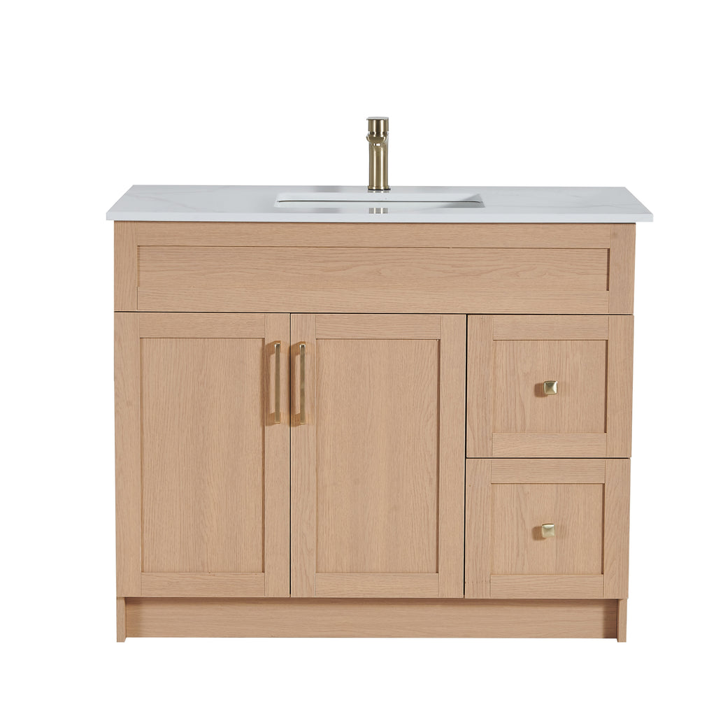 36″ Bathroom Vanity Oak Light (MDF) with Two Side Drawers. Free Standing