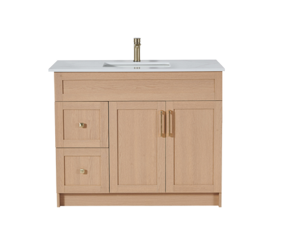 36″ Bathroom Vanity Oak Light (MDF) with Two Side Drawers. Free Standing