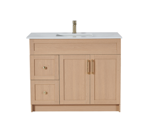 42″ Bathroom Vanity Oak Light (MDF) with Two Side Drawers. Free Standing