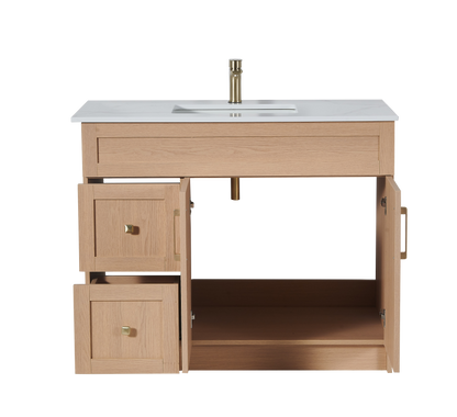 36″ Bathroom Vanity Oak Light (MDF) with Two Side Drawers. Free Standing