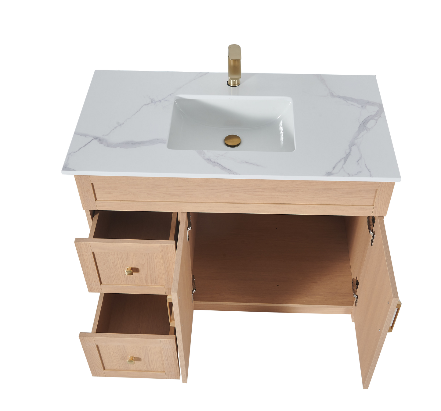 36″ Bathroom Vanity Oak Light (MDF) with Two Side Drawers. Free Standing