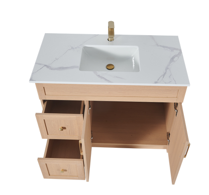 36″ Bathroom Vanity Oak Light (MDF) with Two Side Drawers. Free Standing