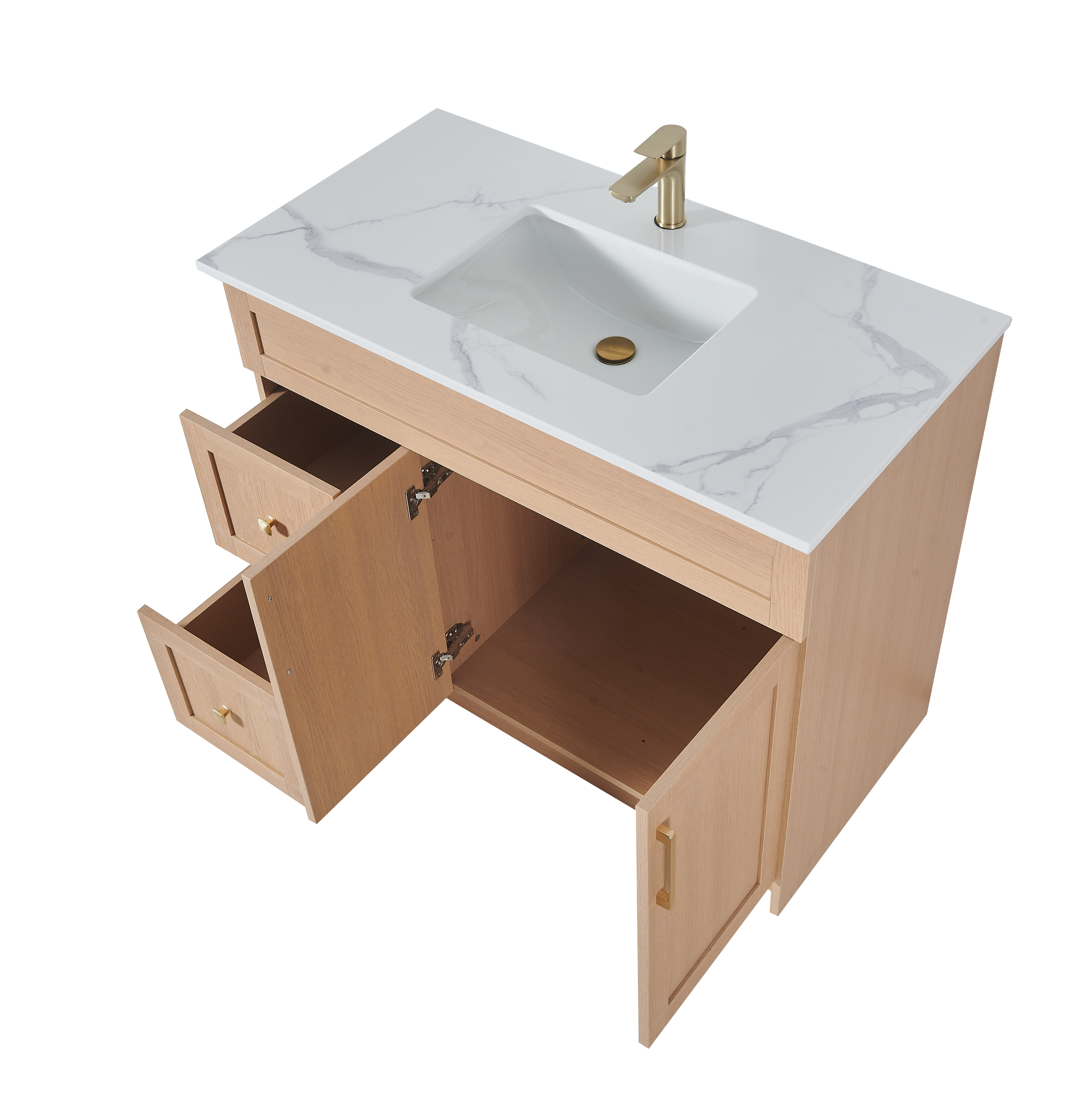 36″ Bathroom Vanity Oak Light (MDF) with Two Side Drawers. Free Standing