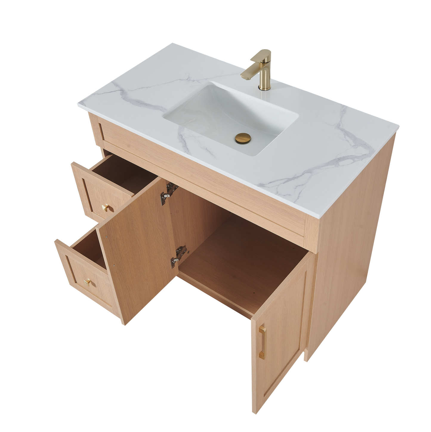 36″ Bathroom Vanity Oak Light (MDF) with Two Side Drawers. Free Standing