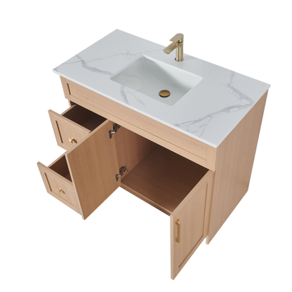 36″ Bathroom Vanity Oak Light (MDF) with Two Side Drawers. Free Standing