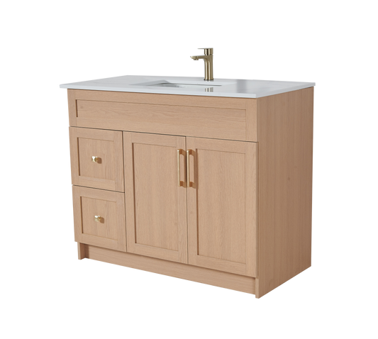 36″ Bathroom Vanity Oak Light (MDF) with Two Side Drawers. Free Standing