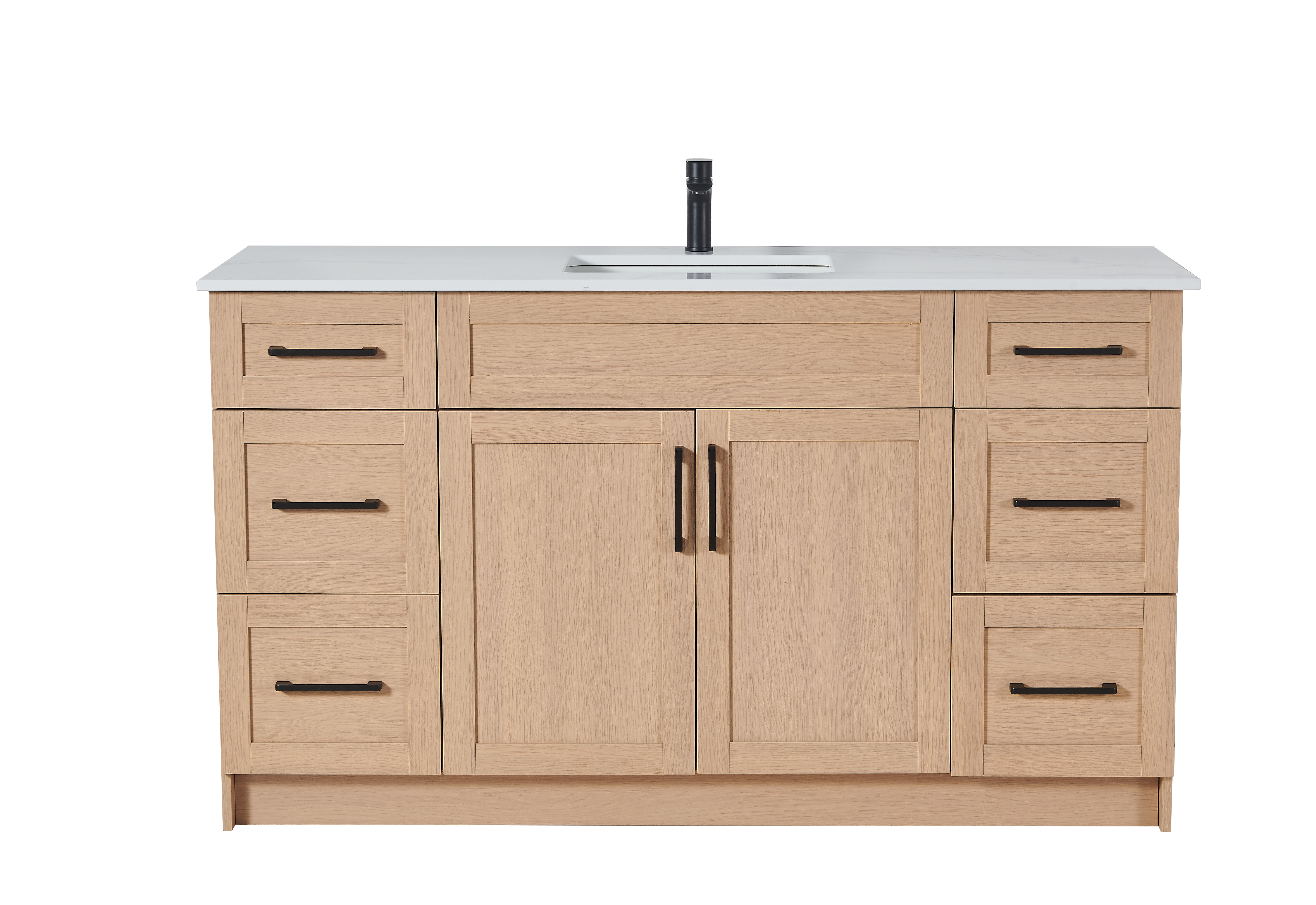 60″ Bathroom Vanity Oak Light (MDF) with Six Drawers on Each Side. Single Sink. Free Standing