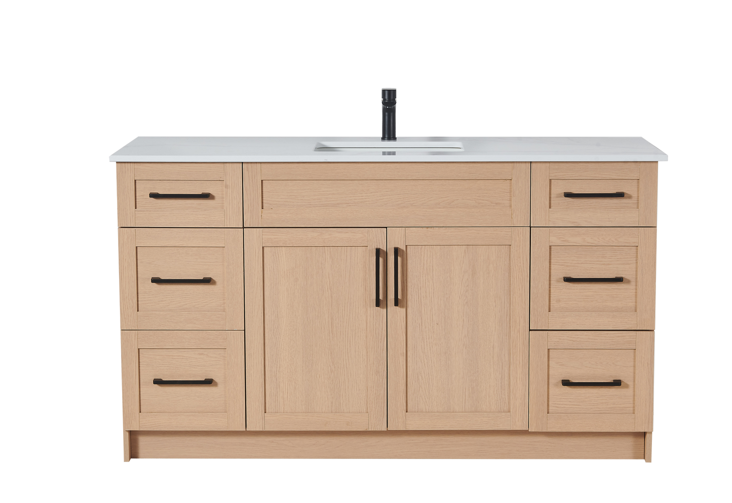 60″ Bathroom Vanity Oak Light (MDF) with Six Drawers on Each Side. Single Sink. Free Standing