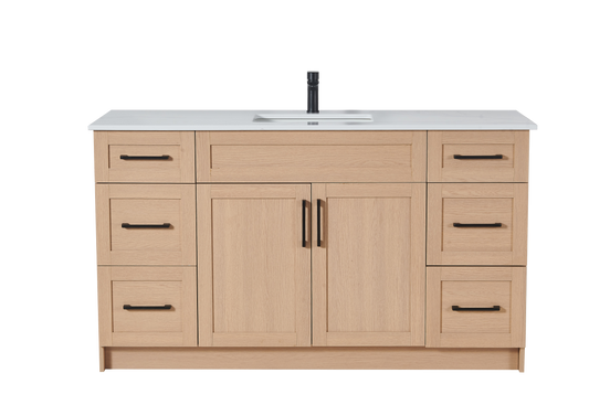 60″ Bathroom Vanity Oak Light (MDF) with Six Drawers on Each Side. Single Sink. Free Standing