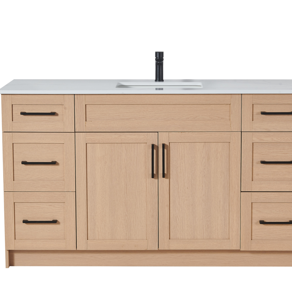 60″ Bathroom Vanity Oak Light (MDF) with Six Drawers on Each Side. Single Sink. Free Standing