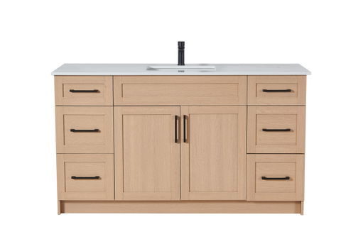 60″ Bathroom Vanity Oak Light (MDF) with Six Drawers on Each Side. Single Sink. Free Standing