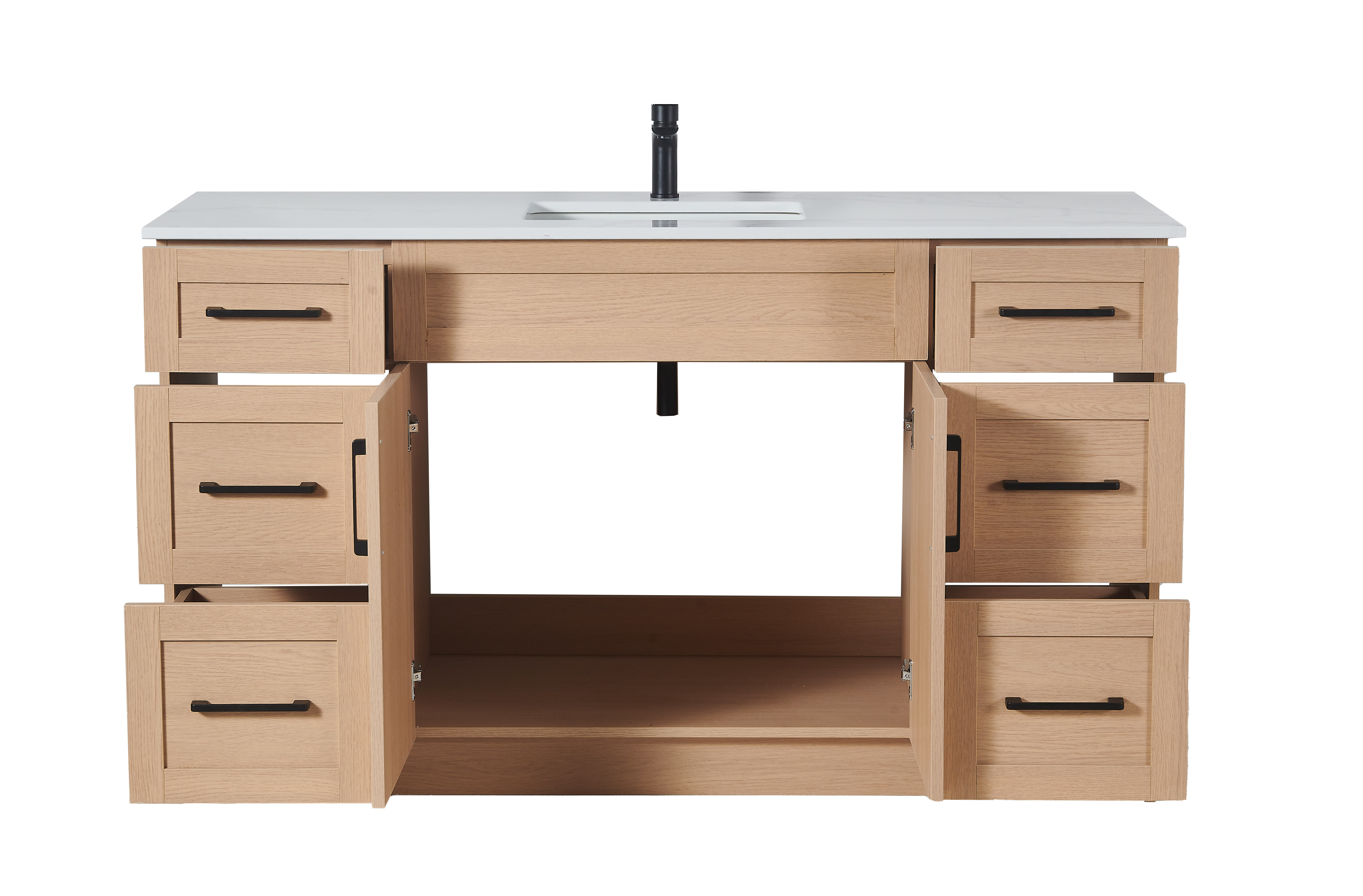 60″ Bathroom Vanity Oak Light (MDF) with Six Drawers on Each Side. Single Sink. Free Standing