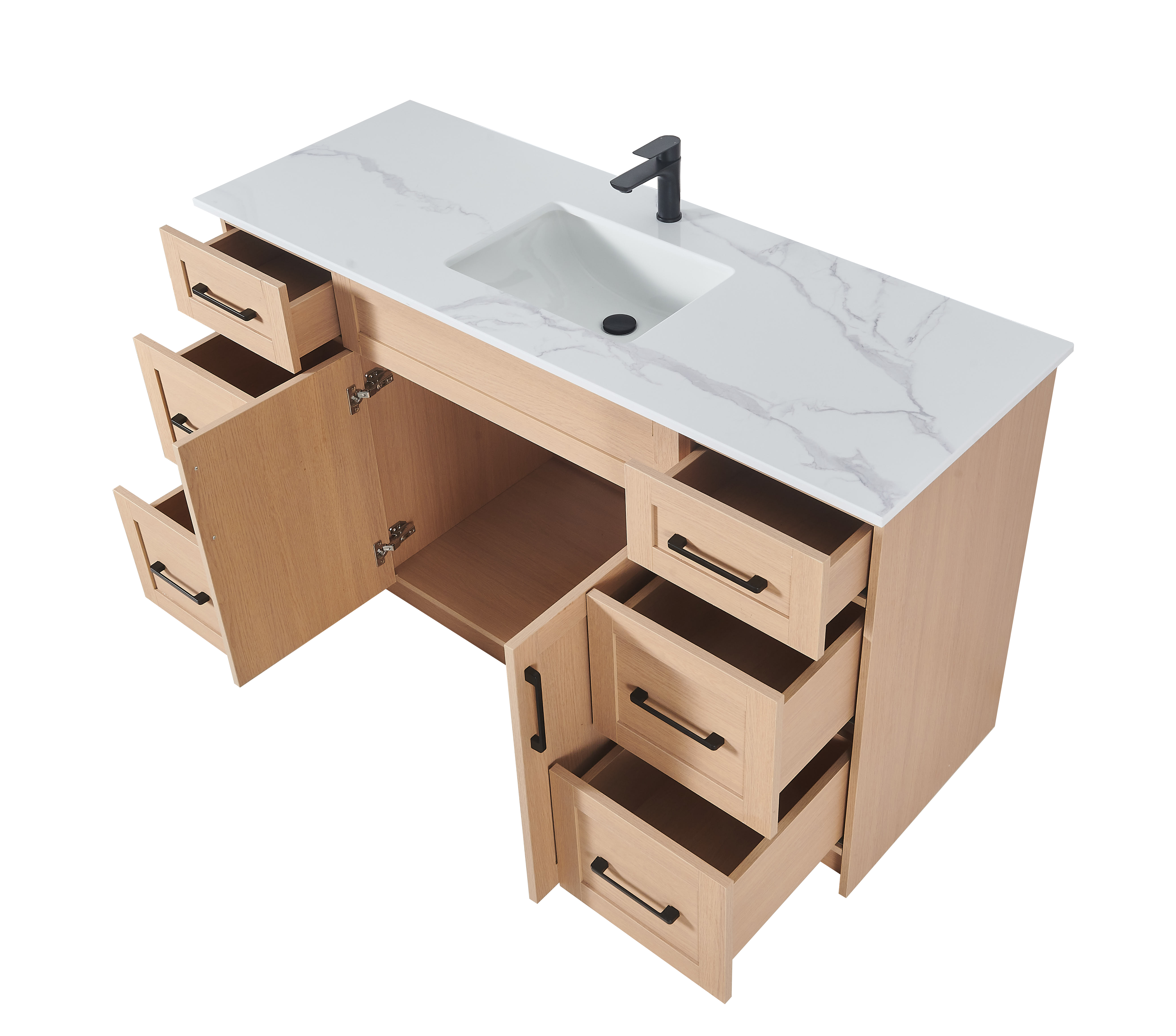 60″ Bathroom Vanity Oak Light (MDF) with Six Drawers on Each Side. Single Sink. Free Standing