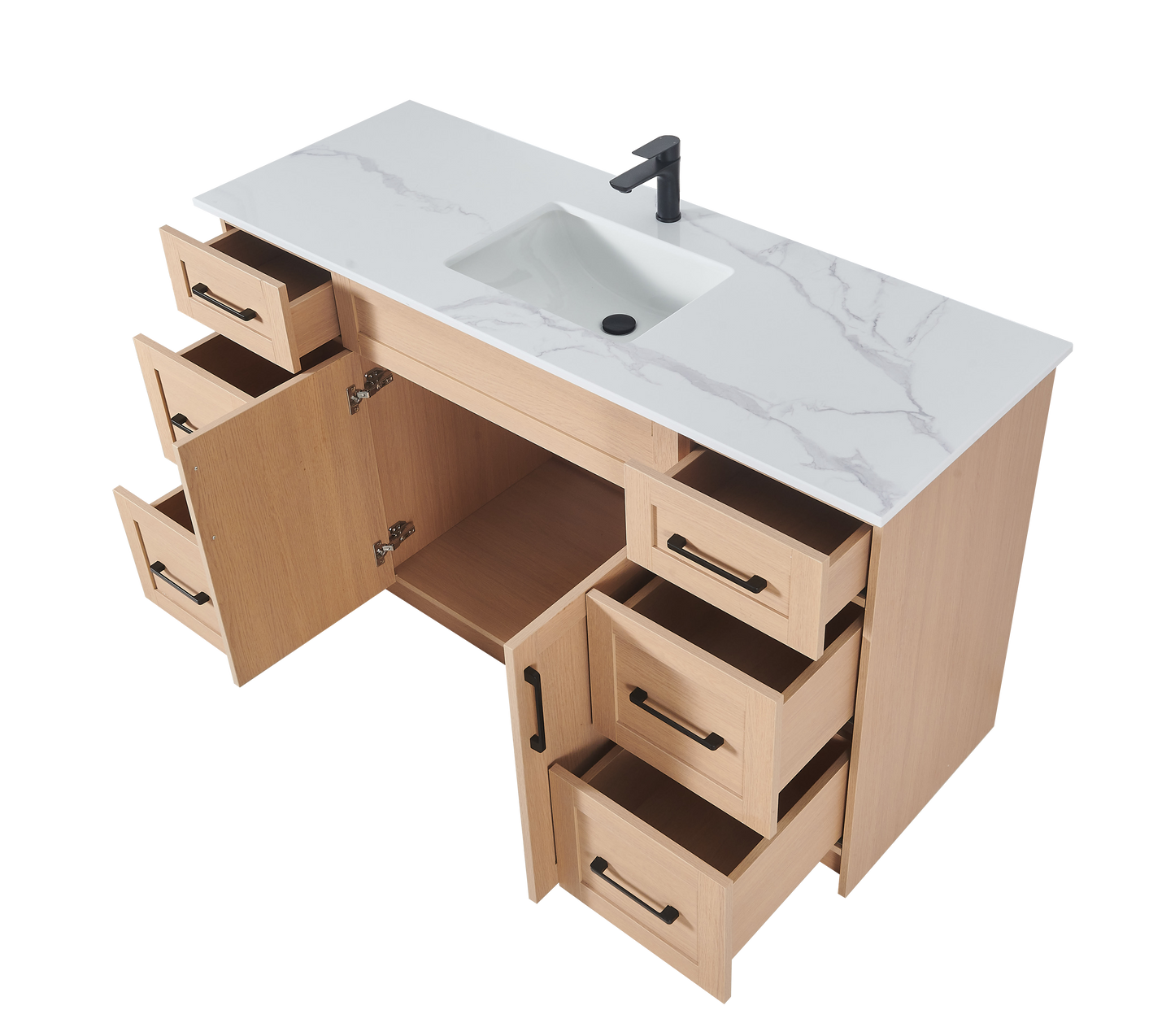 60″ Bathroom Vanity Oak Light (MDF) with Six Drawers on Each Side. Single Sink. Free Standing