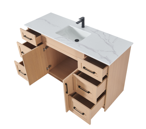 60″ Bathroom Vanity Oak Light (MDF) with Six Drawers on Each Side. Single Sink. Free Standing