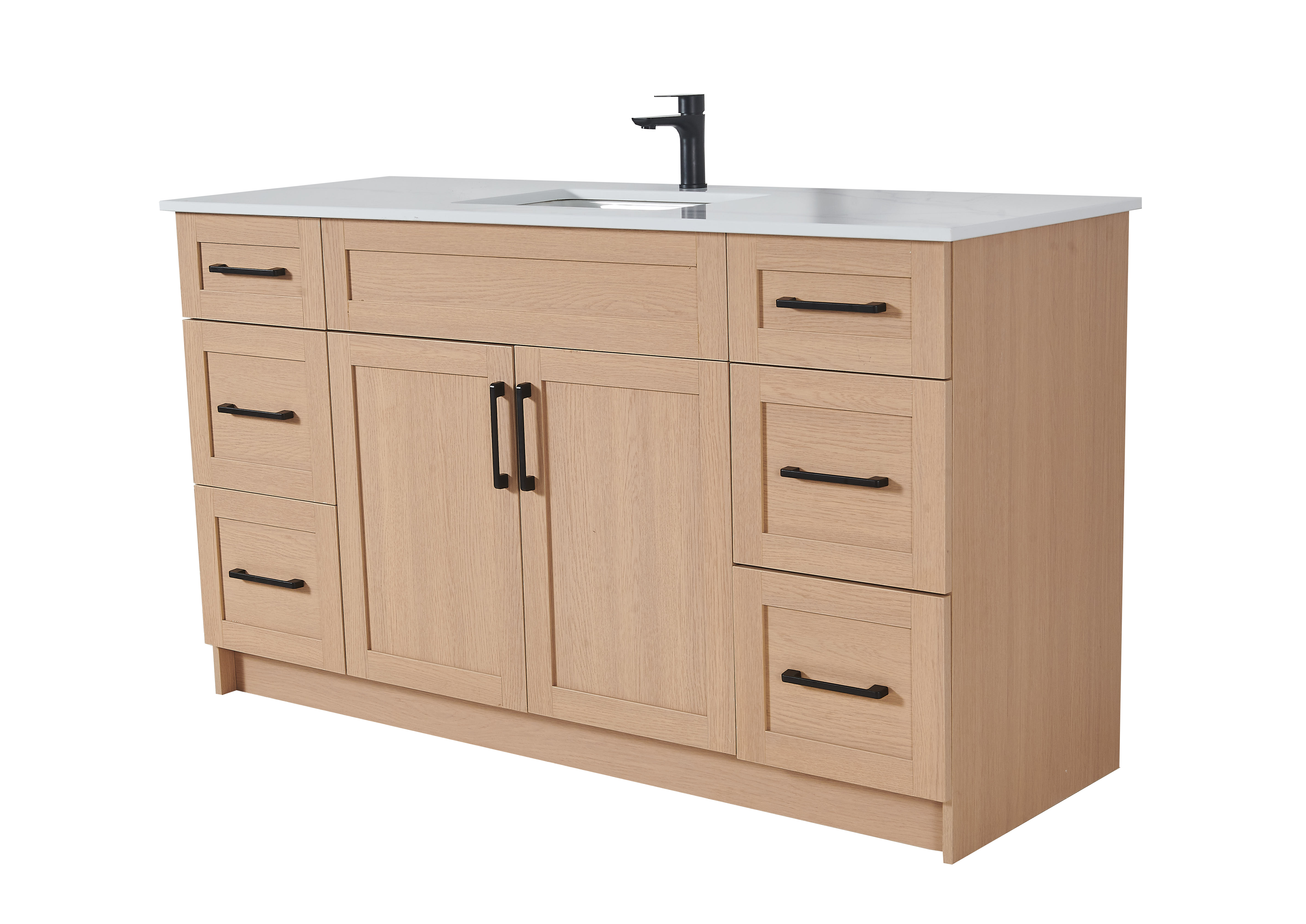 60″ Bathroom Vanity Oak Light (MDF) with Six Drawers on Each Side. Single Sink. Free Standing