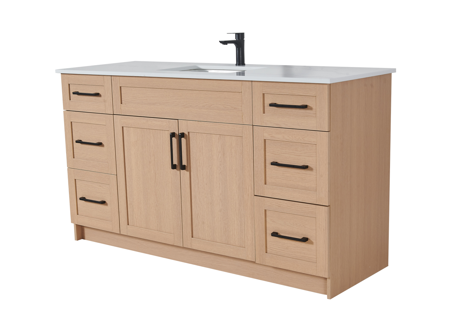 60″ Bathroom Vanity Oak Light (MDF) with Six Drawers on Each Side. Single Sink. Free Standing