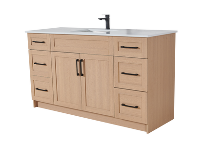 60″ Bathroom Vanity Oak Light (MDF) with Six Drawers on Each Side. Single Sink. Free Standing