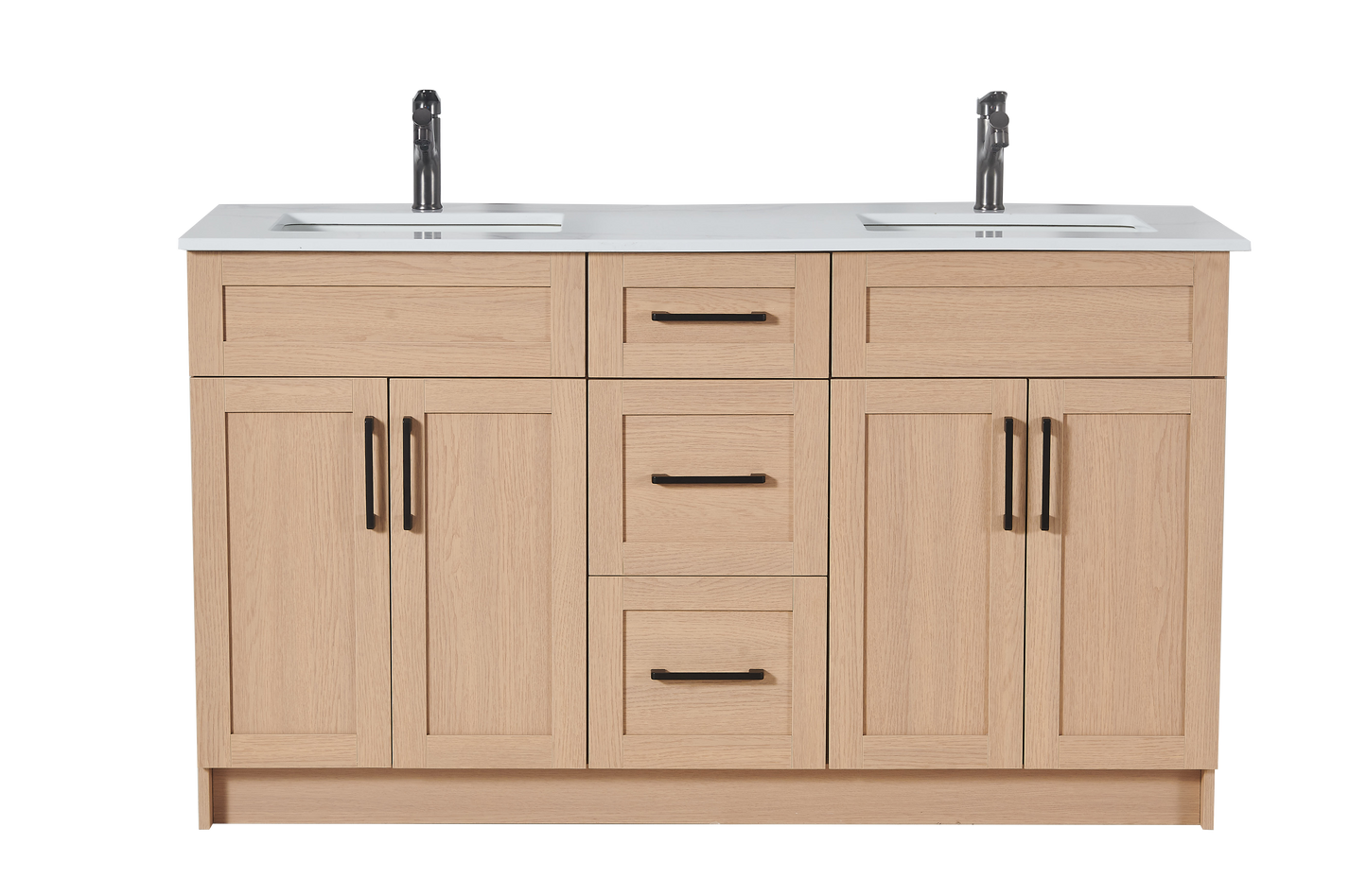 72″ Bathroom Vanity Oak Light (MDF) with Three Drawers in the Center. Double Sink. Free Standing