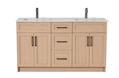 72″ Bathroom Vanity Oak Light (MDF) with Three Drawers in the Center. Double Sink. Free Standing