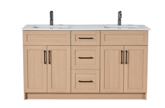 72″ Bathroom Vanity Oak Light (MDF) with Three Drawers in the Center. Double Sink. Free Standing