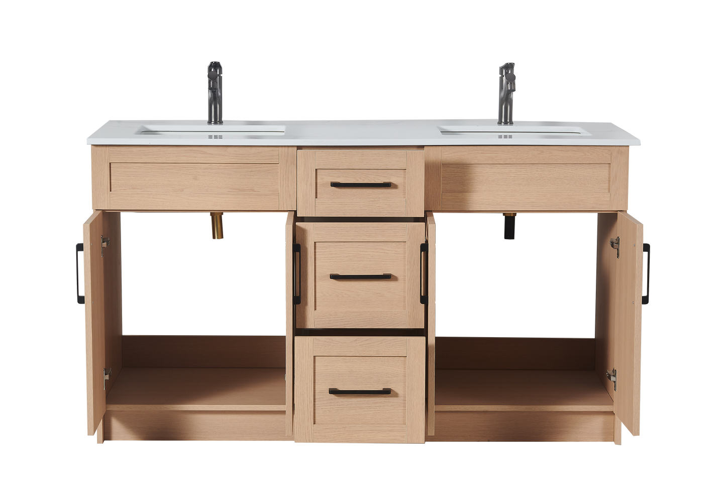 72″ Bathroom Vanity Oak Light (MDF) with Three Drawers in the Center. Double Sink. Free Standing