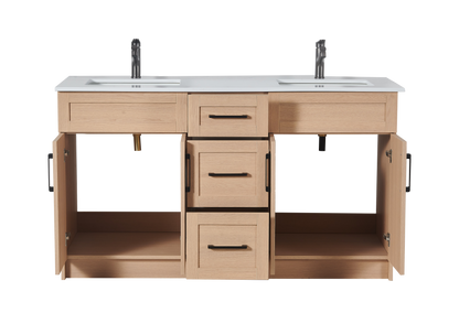 72″ Bathroom Vanity Oak Light (MDF) with Three Drawers in the Center. Double Sink. Free Standing