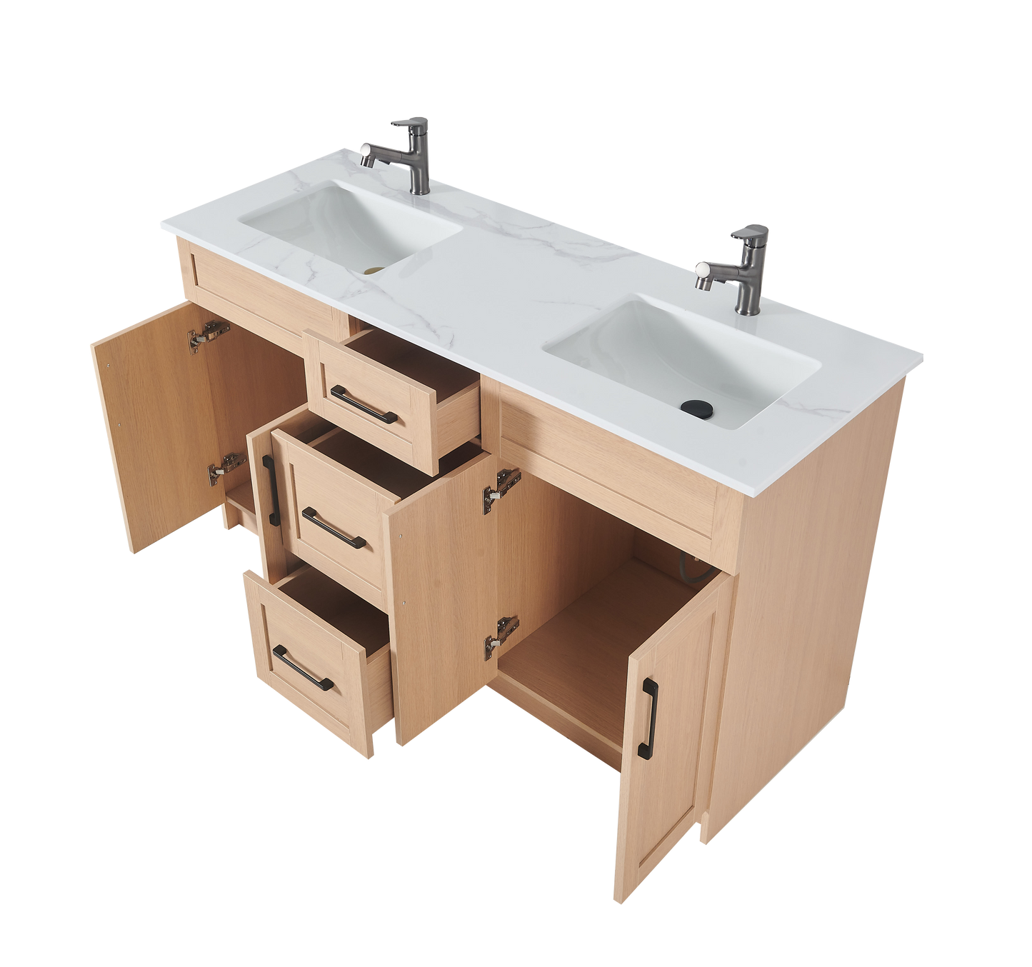 72″ Bathroom Vanity Oak Light (MDF) with Three Drawers in the Center. Double Sink. Free Standing