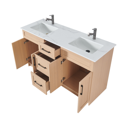 72″ Bathroom Vanity Oak Light (MDF) with Three Drawers in the Center. Double Sink. Free Standing
