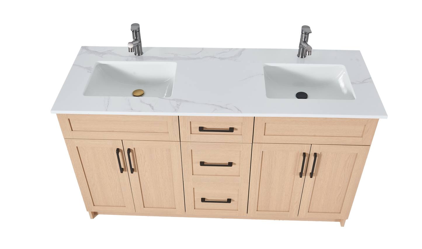 72″ Bathroom Vanity Oak Light (MDF) with Three Drawers in the Center. Double Sink. Free Standing