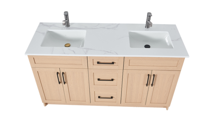 72″ Bathroom Vanity Oak Light (MDF) with Three Drawers in the Center. Double Sink. Free Standing
