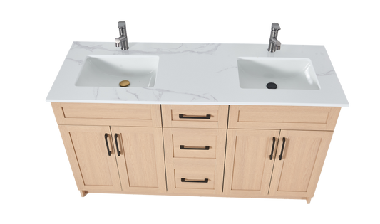 72″ Bathroom Vanity Oak Light (MDF) with Three Drawers in the Center. Double Sink. Free Standing