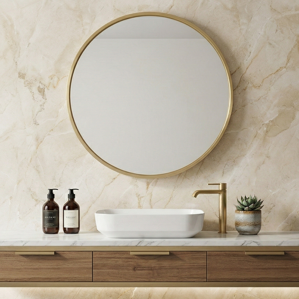 Round Bathroom Mirror / Gold Metal Frame 24" x 24"