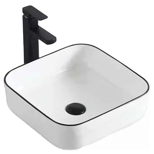 Square Ceramic Vessel Sink – White with Black Rim