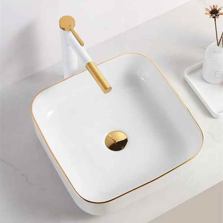 Square Ceramic Vessel Sink – White with Gold Trim