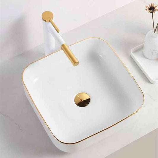 Square Ceramic Vessel Sink – White with Gold Trim