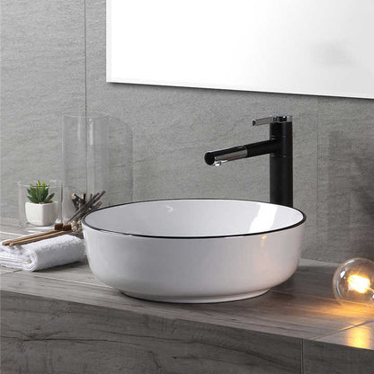 Round Ceramic Vessel Sink – White with Black Rim
