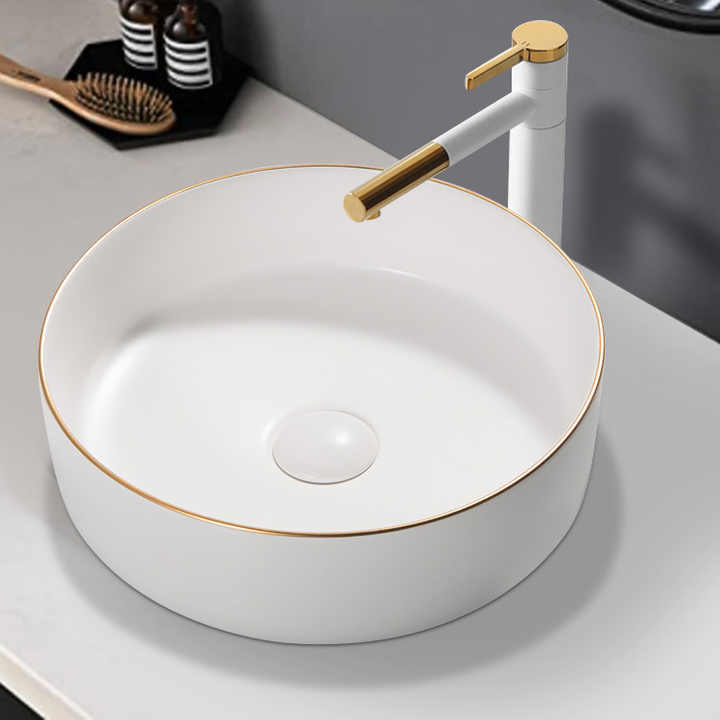 Round Ceramic Vessel Sink – White with Gold Trim