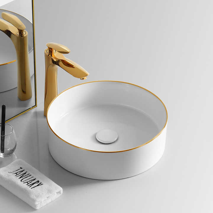 Round Ceramic Vessel Sink – White with Gold Trim